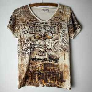 VTG y2K Womens Sz S Boho Cowgirl Wild West Graphic Tee Vegas Western Burnout USA
